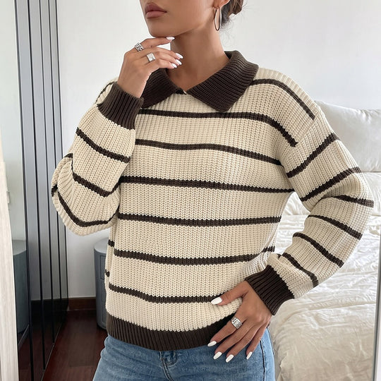 Damen Gestreifter Pullover mit Kragen Nord Taschen