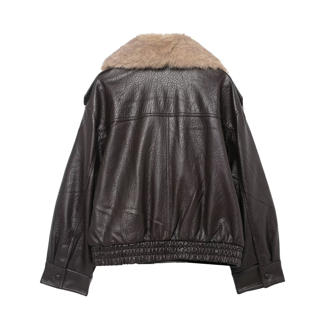 Damen Cropped Lederblouson mit voluminösem Pelzkragen und Taillen-Smock Nord Taschen