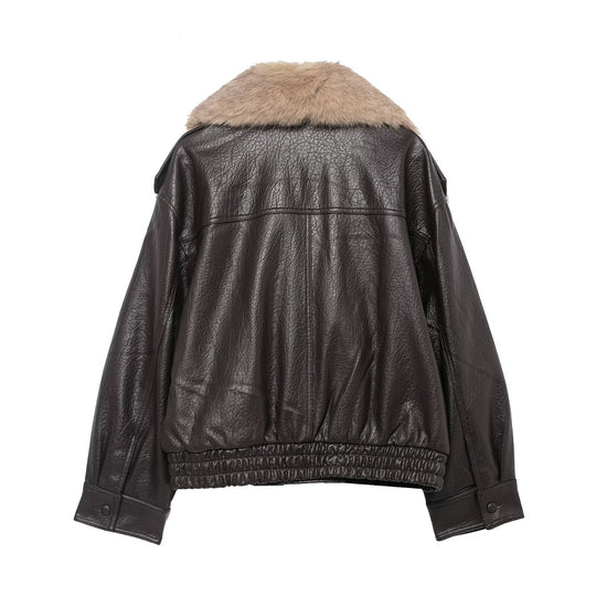 Damen Kurze Lederblousonjacke mit XXL-Fellkragen Nord Taschen