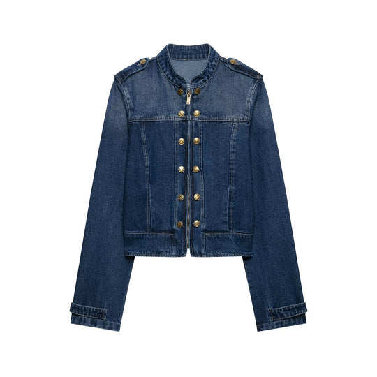 Damen Kurz geschnittene Jeansjacke im Military‑Stil mit Stehkragen Nord Taschen