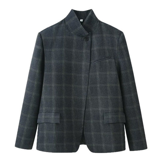 Damen Kastenblazer mit Stehkragen, asymmetrischer Ein-Knopf-Leiste und feinem Karodessin Nord Taschen