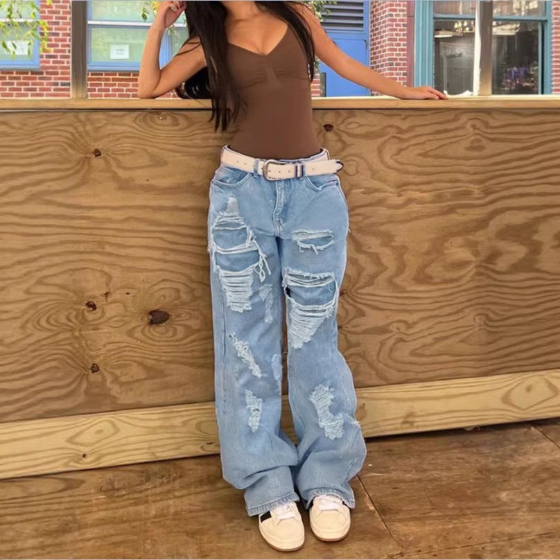 Damen Hochtaillierte Oversize-Baggy-Jeans mit starkem Destroyed-Look und tiefem Schritt Nord Taschen