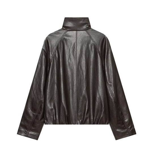 Damen Oversized Cropped Lederoptik‑Jacke mit hohem Stehkragen und Epauletten Nord Taschen
