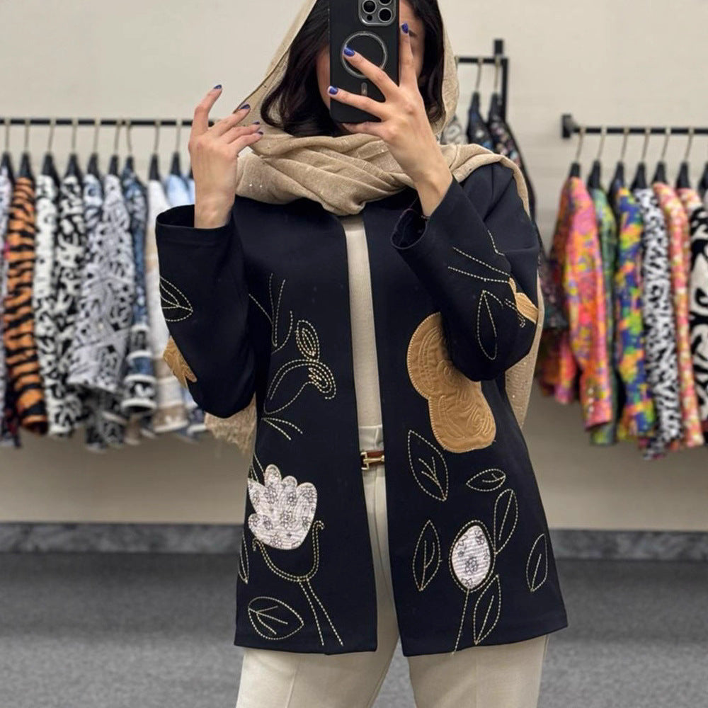Damen offener Strickblazer mit floraler Stickerei & Applikationen Nord Taschen