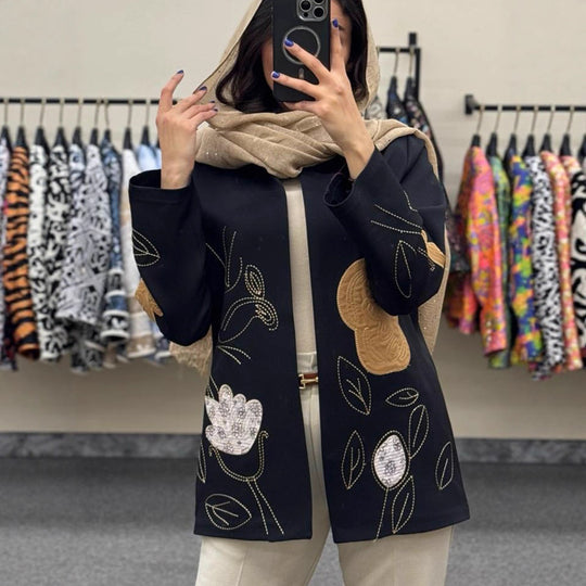 Damen offener Strickblazer mit floraler Stickerei & Applikationen Nord Taschen