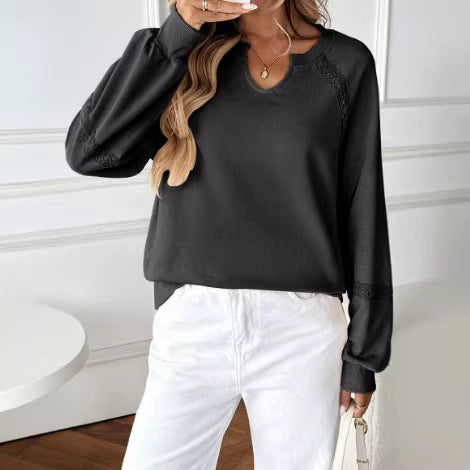 Damen Sweatshirt mit Spitzen-Einsätzen, V‑Kerbe und Ballonärmeln Nord Taschen