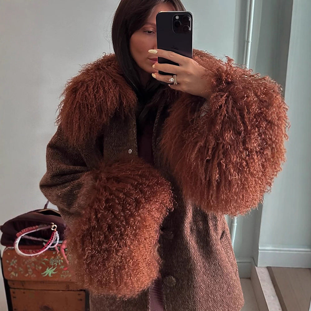 Damen Oversize Wollmix-Marka Mantel mit voluminösem Lammfellimitatkragen und extra weitem Ärmelabschluss Nord Taschen