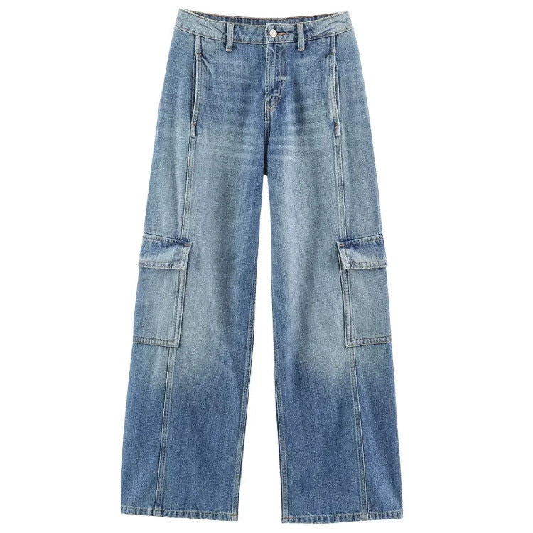 Damen Jeans‑Cargo‑Hose mit weitem Bein, Ziernähten und aufgesetzten Klappentaschen Nord Taschen