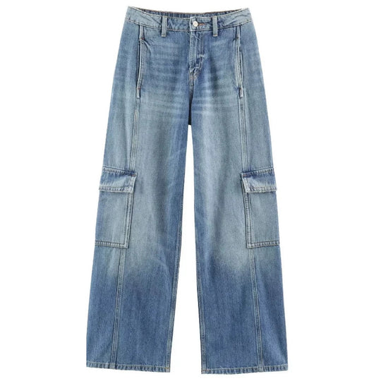 Damen Jeans‑Cargo‑Hose mit weitem Bein, Ziernähten und aufgesetzten Klappentaschen Nord Taschen