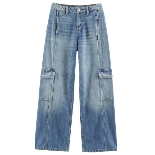 Damen Jeans‑Cargo‑Hose mit weitem Bein, Ziernähten und aufgesetzten Klappentaschen Nord Taschen