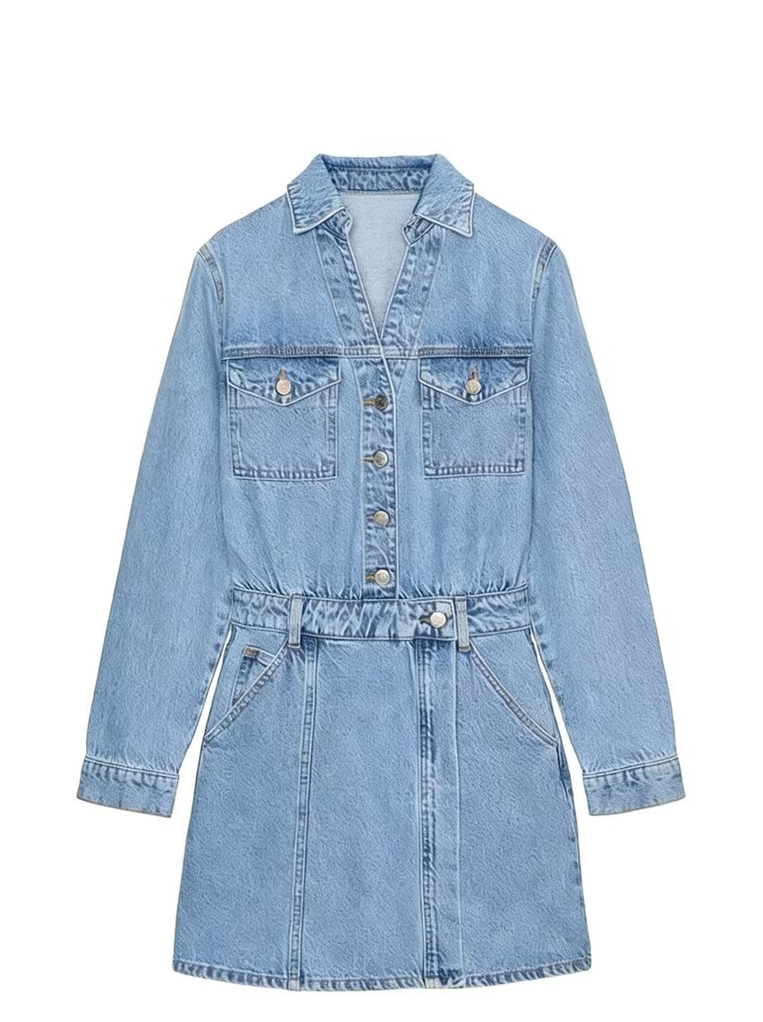 Damen Tailliertes Jeans-Minikleid mit Hemdkragen, aufgesetzten Brusttaschen und dekorativer Knopfleiste Nord Taschen
