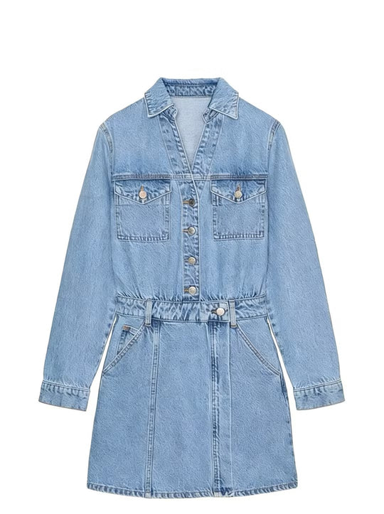 Damen Tailliertes Jeans-Minikleid mit Hemdkragen, aufgesetzten Brusttaschen und dekorativer Knopfleiste Nord Taschen