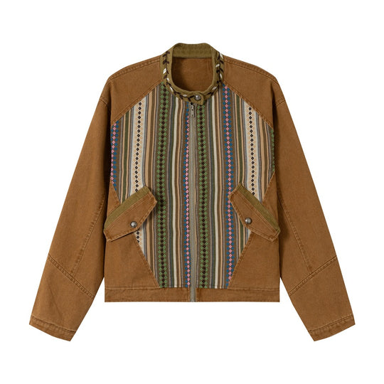 Damen kurze Baumwoll-Blousonjacke mit Ethno‑Webpaneelen und Cordbesatz Nord Taschen
