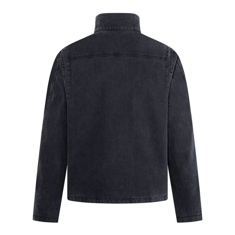 Herren asymmetrische Jeansjacke mit Stehkragen und zweireihiger Druckknopfleiste Nord Taschen
