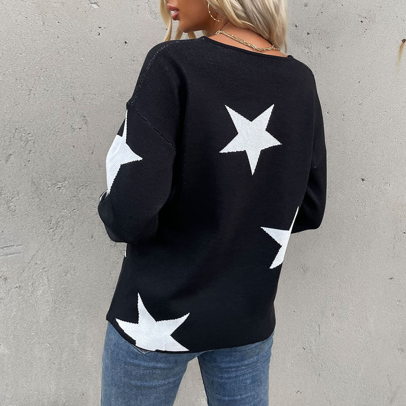 Damen Oversize V‑Ausschnitt Strickpullover mit großem Sternen‑Jacquard Nord Taschen