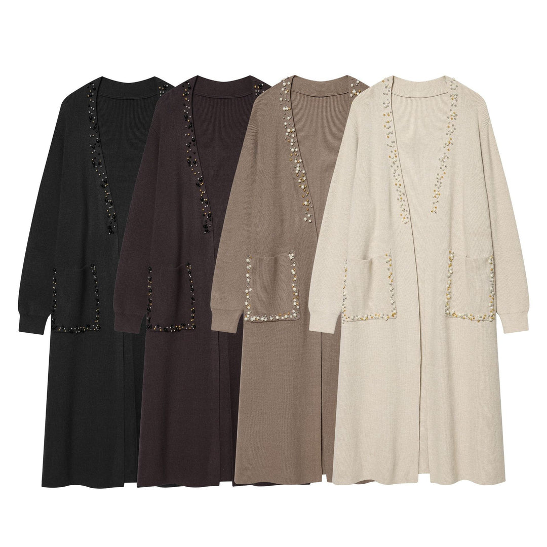 Damen langer Strickcardigan mit Perlenverzierung und aufgesetzten Taschen Nord Taschen