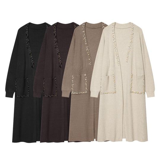 Damen langer Strickcardigan mit Perlenverzierung und aufgesetzten Taschen Nord Taschen