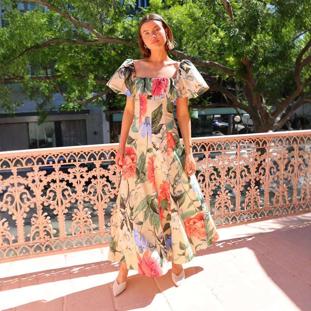 Damen Maxi-Kleid im romantischen Off-Shoulder-Stil mit voluminösen Puffärmeln Nord Taschen