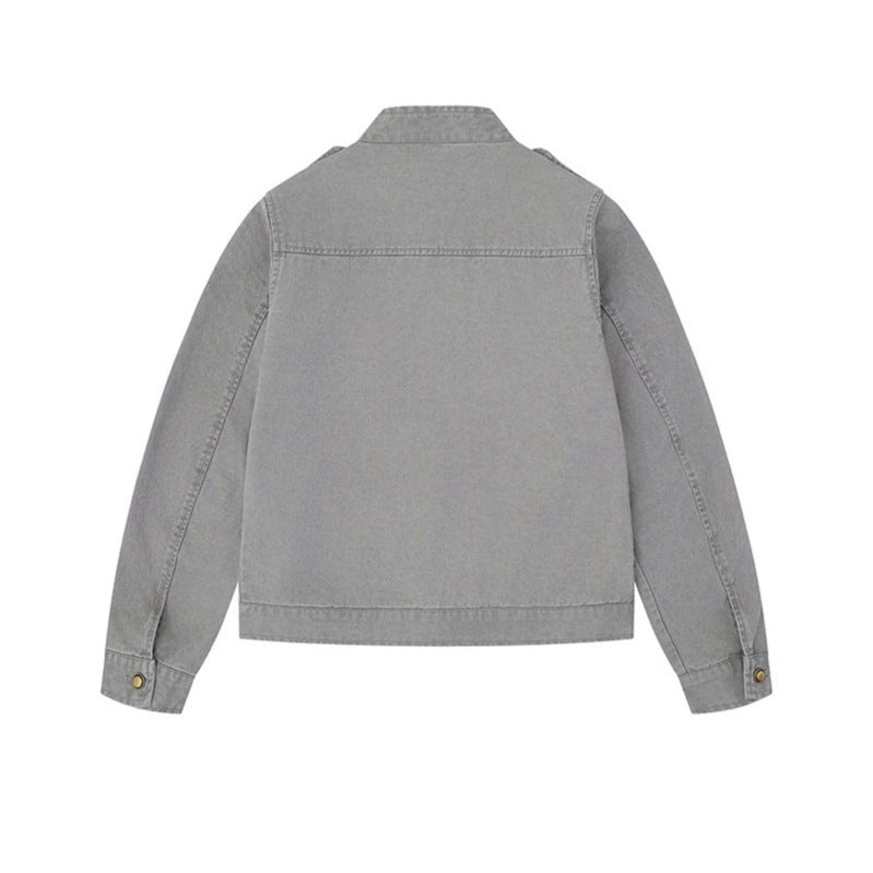 Damen Military-inspirierte Baumwoll-Canvas-Jacke mit Stehkragen, Zierknopfleisten und Schulterpatten Nord Taschen