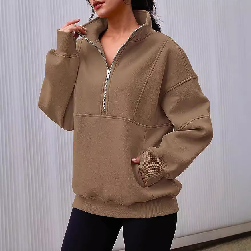 Damen Oversized Sweatshirt mit halbem Reißverschluss, Kängurutasche und Stehkragen Nord Taschen