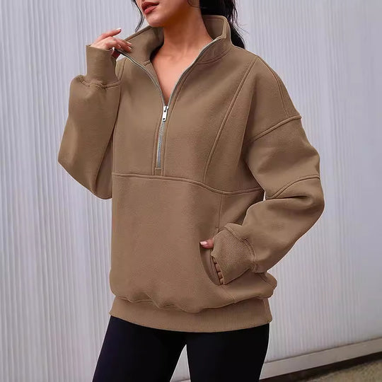 Damen Oversized Sweatshirt mit halbem Reißverschluss, Kängurutasche und Stehkragen Nord Taschen