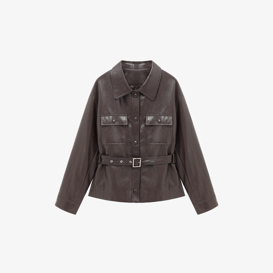 Damen Lederjacke im Oversize-Utility-Stil mit Taillengürtel Nord Taschen