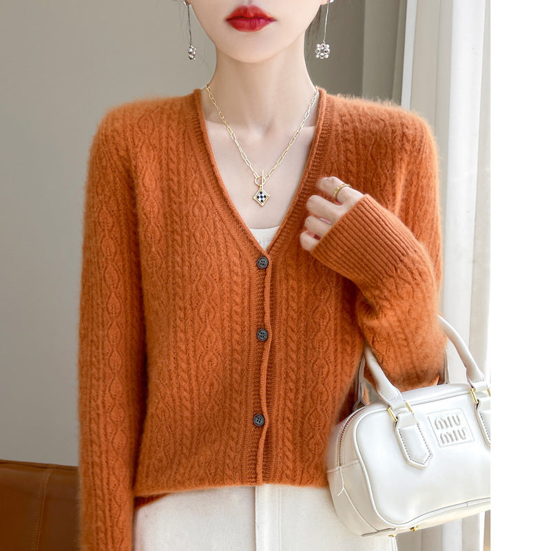 Damen Kurzer Zopfmuster-Cardigan im Mohair-Look mit V‑Ausschnitt und gerippten Bündchen Nord Taschen