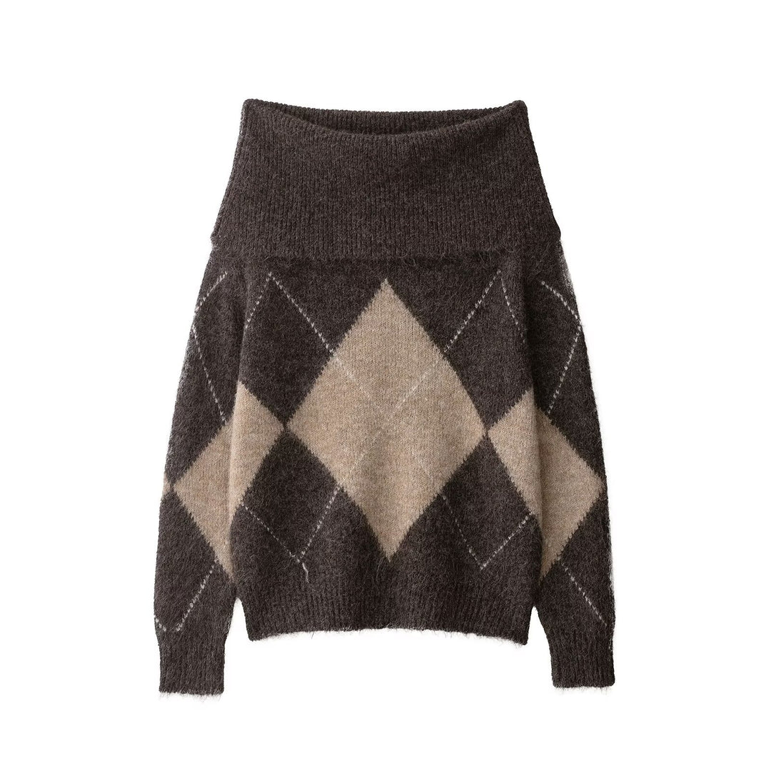 Damen Oversized Strickpullover mit Rollkragen und Rautenmuster Nord Taschen
