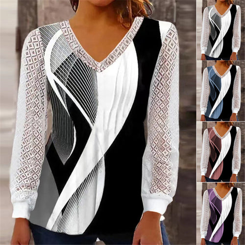 Damen V-Ausschnitt Bluse mit abstraktem Grafikprint und Spitzenärmeln Nord Taschen