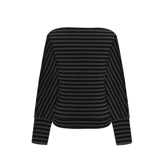 Damen Figurbetontes Streifen-Langarmshirt mit weitem Boot-Ausschnitt und verkürzten Fledermausärmeln Nord Taschen