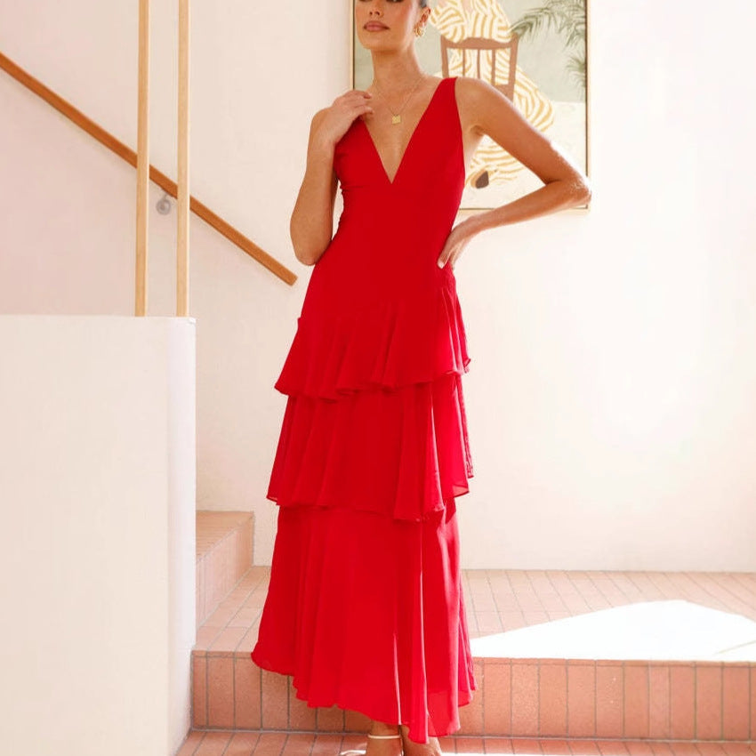 Damen Maxi-Kleid mit eleganten Volants und tiefem V-Ausschnitt
