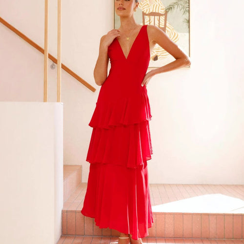 Damen Maxi-Kleid mit eleganten Volants und tiefem V-Ausschnitt