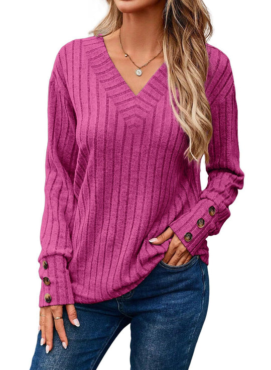Damen Gerippter V-Ausschnitt Strickpullover mit Knopfmanschetten Nord Taschen