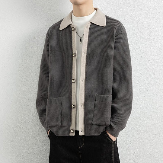 Herren Kontrastkragen-Strickjacke mit durchgehender Knopfleiste und aufgesetzten Taschen Nord Taschen