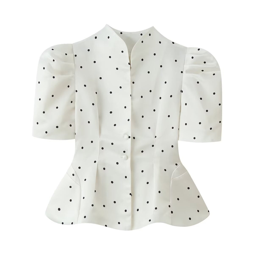 Damen Taillierte Satinbluse mit Puffärmeln, Stehkragen und Polka‑Dot‑Print Nord Taschen