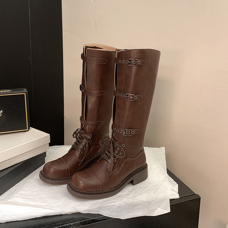 Damen kniehohe Schnürstiefel mit Zier- und Verstellschnallen Nord Taschen