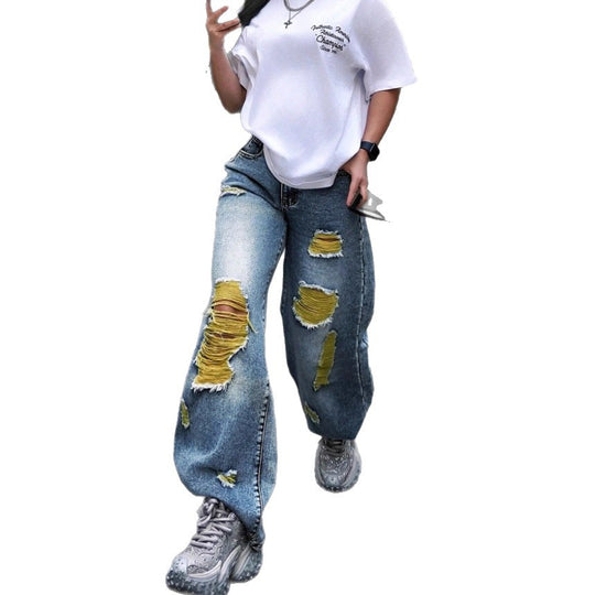 Damen weite High-Waist Jeanshose mit Destroyed-Details und kontrastierendem Unterfutter Nord Taschen