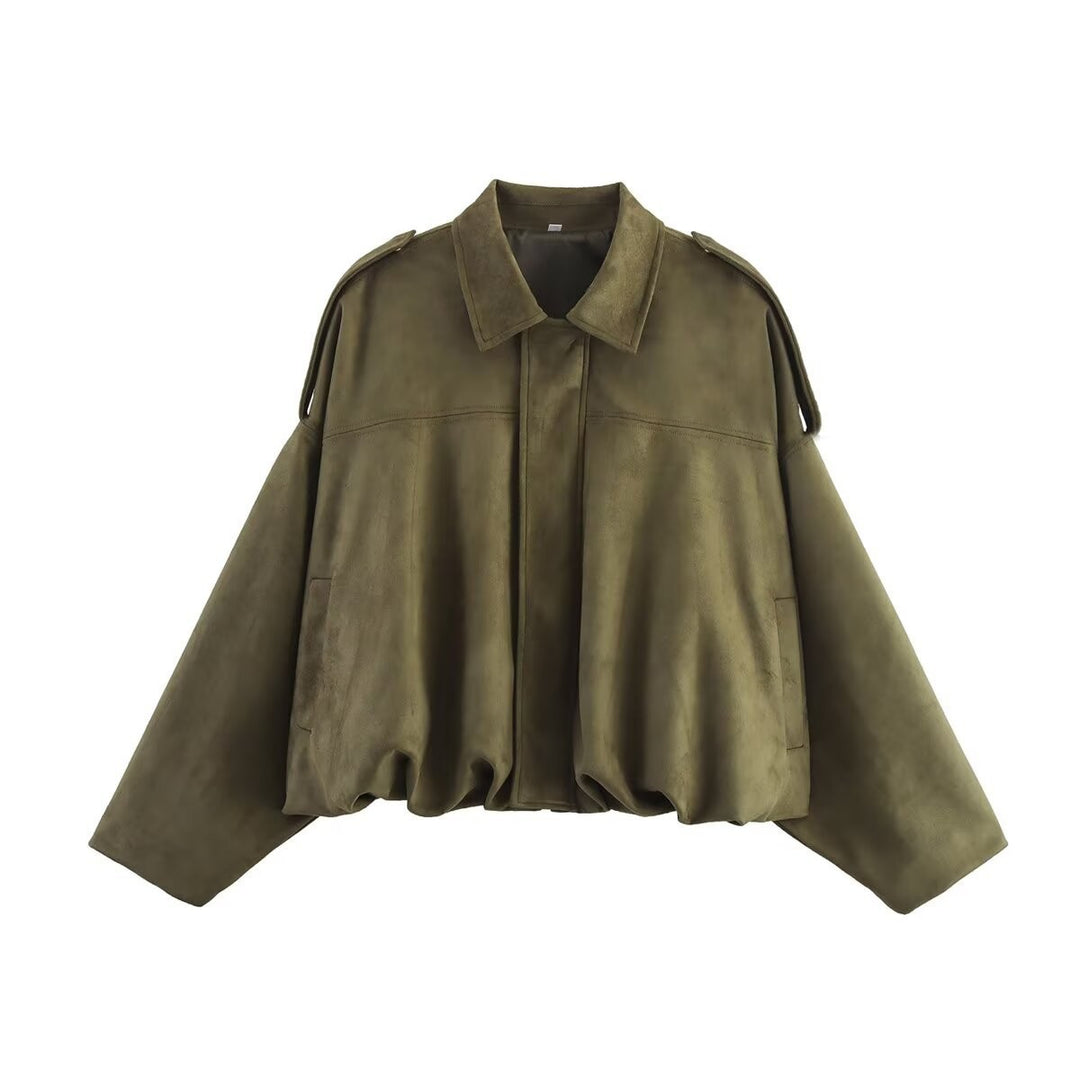 Damen Oversize-Suedejacke mit Schulterklappen, verdeckter Knopfleiste und elastischem Saum Nord Taschen