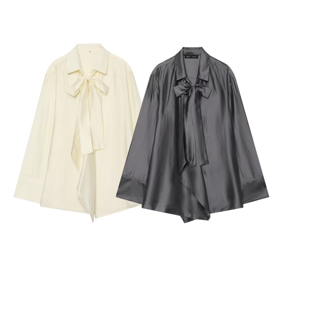 Damen Oversize-Seidenoptik-Bluse mit Schleifenkragen und asymmetrischem Saum Nord Taschen