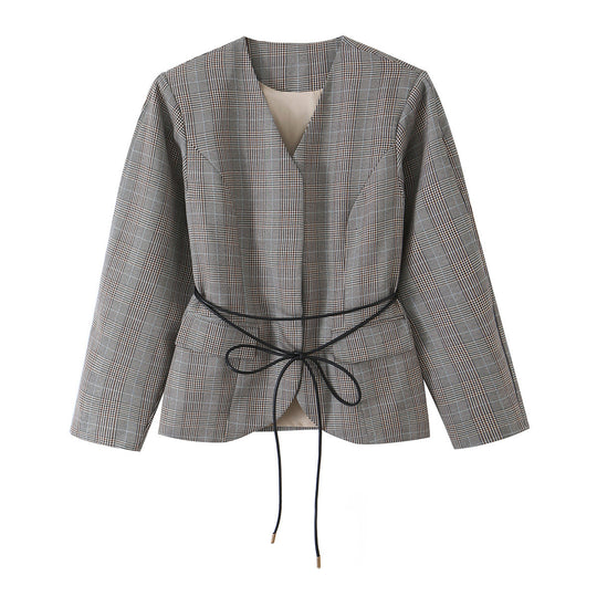 Damen Taillierter Glencheck-Blazer mit V‑Ausschnitt und Wickelgürtel Nord Taschen