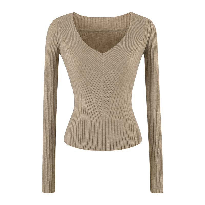 Damen Taillierter Rippstrick-Pullover mit V-Ausschnitt und formgebender Struktur Nord Taschen