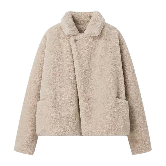 Damen Kurz geschnittene Teddyjacke im Lammfell‑Look mit Oversize‑Reverskragen Nord Taschen