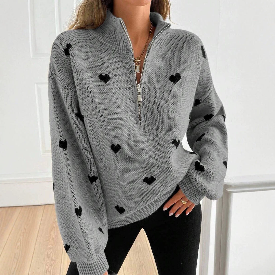 Damen Oversize Strickpullover mit Half-Zip und Herzmotiv Nord Taschen
