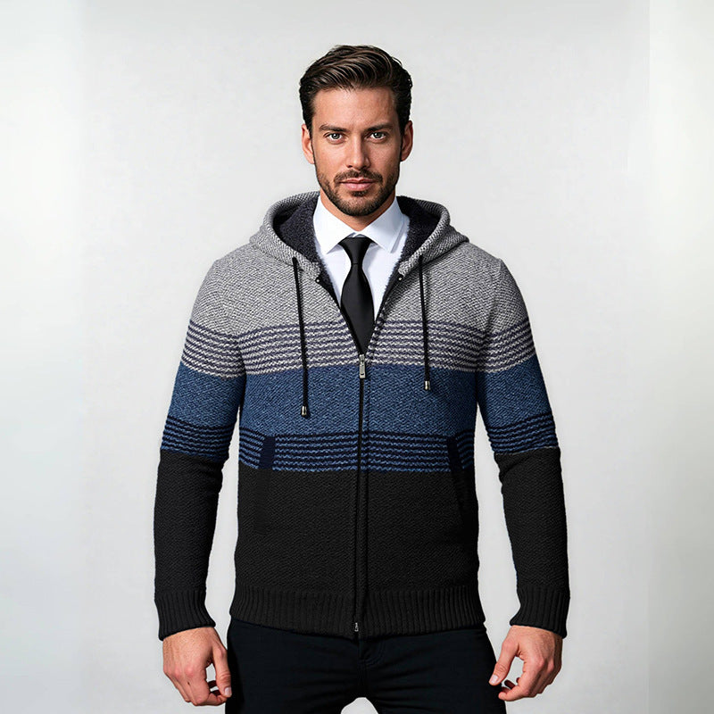 Herren Kapuzen-Strickzipjacke mit farbverlaufendem Blockstreifenmuster und thermischer Struktur Nord Taschen