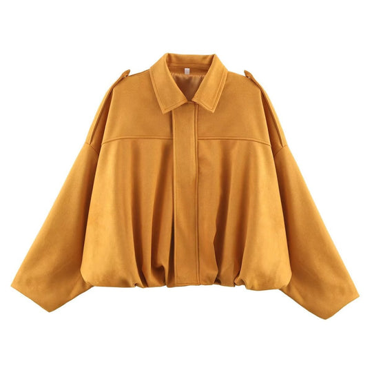 Damen Oversize Cropped Veloursblouson mit Tunnelzug-Bund und Schulterpatten Nord Taschen
