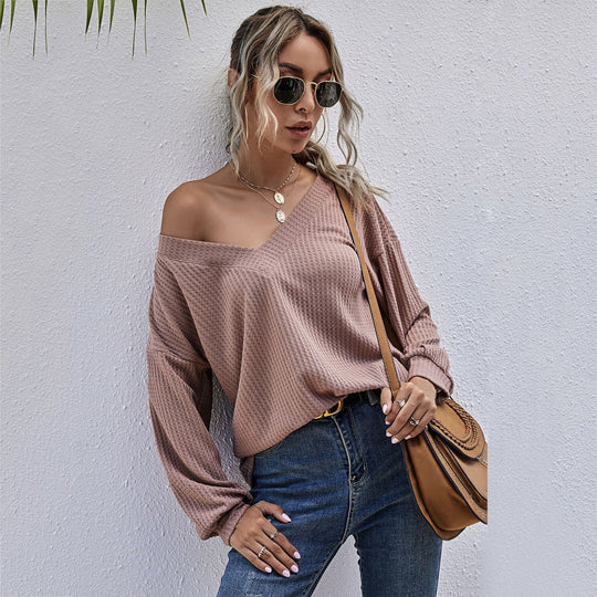 Damen Lockeres Waffelstrick-Longsleeve mit V-Ausschnitt und gerippten Bündchen Nord Taschen