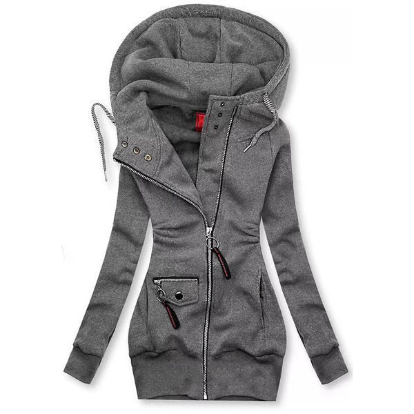 Damen Lange Kapuzenjacke mit asymmetrischem Reißverschluss und Zip‑Tasche Nord Taschen