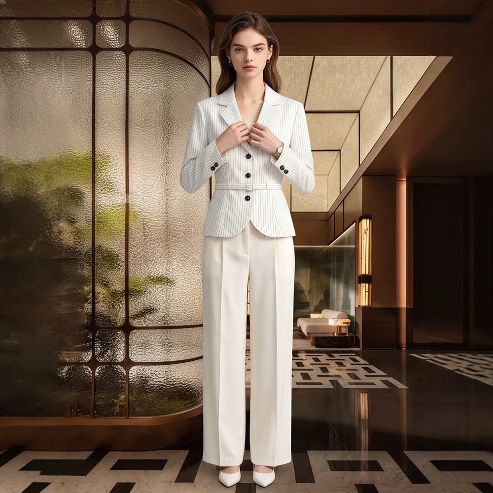 Damen Tailliertes Nadelstreifen-Blazer- und Palazzo-Hosen-Set Nord Taschen