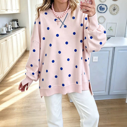 Damen Oversize-Sweatshirt mit Puffärmeln, Polka-Dots und Seitenschlitzen Nord Taschen