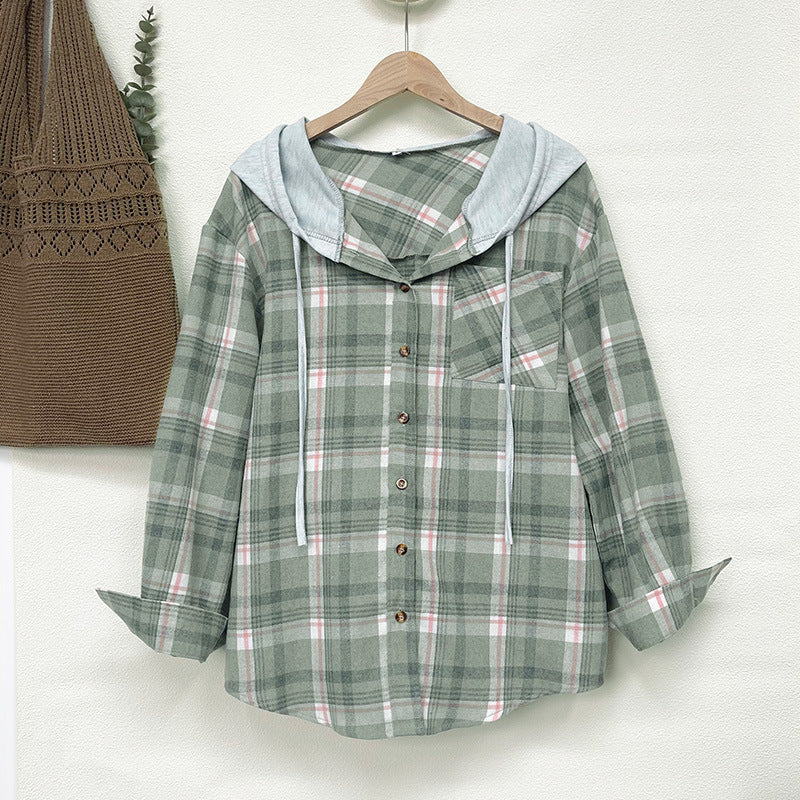 Damen nostalgische Karobluse mit Kapuze und Knopfverschluss